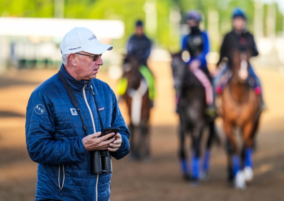 Trainer Todd Pletcher on track during morning Derby workouts Wednesday at Churchill Downs May 2, 2023, in Louisville, Ky. 