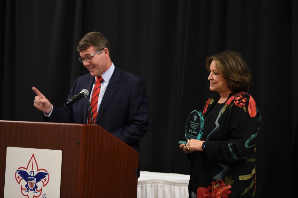 The Black Warrior Council of the Boy Scouts of America on inducted Terry Saban into the Circle of Honor for her work in the Tuscaloosa community in a ceremony Friday at Embassy Suites. Tuscaloosa Mayor Walt Maddox presented the award as chairman of the awards luncheon.