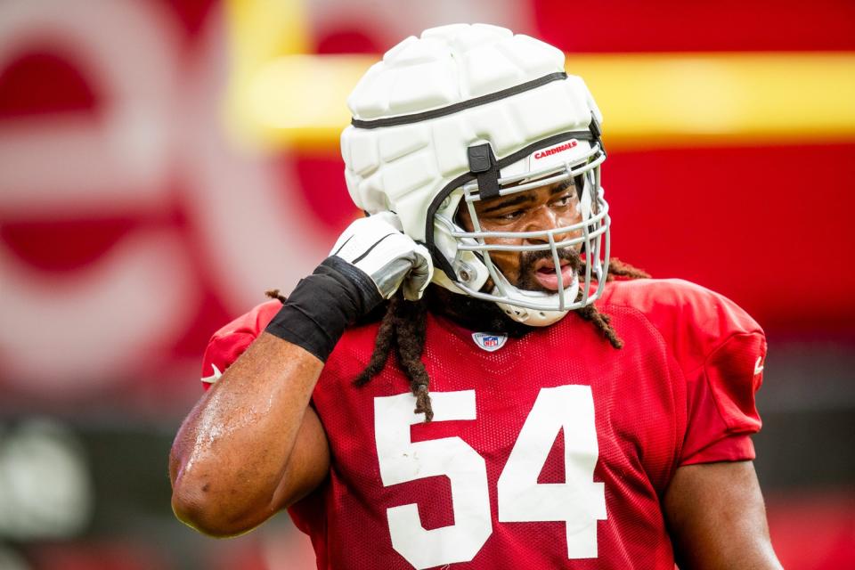 OL Lecitus Smith during the Arizona Cardinals’ annual Red & White practice at State Farm Stadium in Glendale on Aug. 5, 2023.