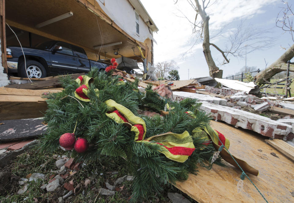 The wall of this home was blown out when a devastating tornado touched down off Hamburg Road in McCracken County, Ky., on Thursday, March 14, 2019. (Ellen O'Nan/The Paducah Sun via AP)