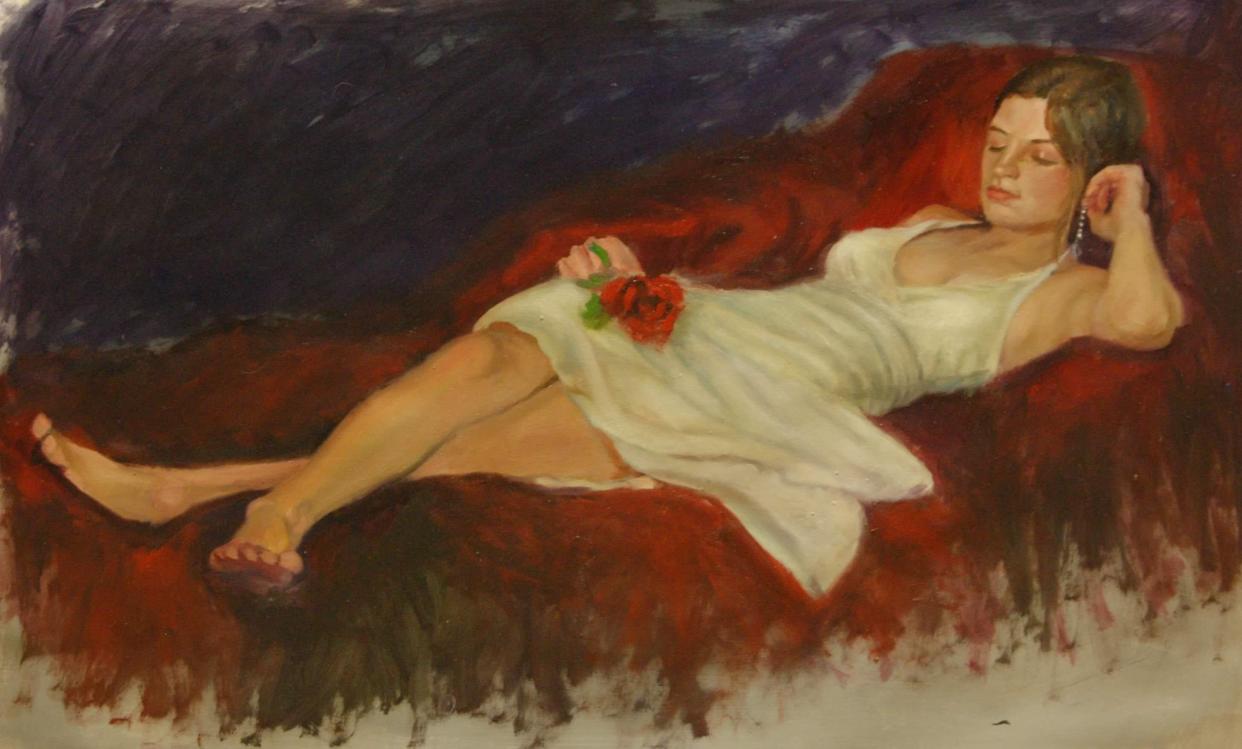 "Gone But Not Forgotten," an oil on paper painting by Robert Williams, is one of his works that will be included an exhibit of his works from Jan. 21 to Feb. 27, 2022, at the Box Factory for the Arts in St. Joseph. Most of his works, however, are portraits rather than works such as this reclining figure. The gallery also has an exhibit of sculptures by Edwin Shelton at the same time.