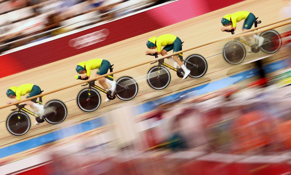 <span>The Australian track cycling team at the 2020 Olympics. The team are pinning their 2024 Paris Games hopes on a bike which costs $97,979.</span><span>Photograph: Matthew Childs/Reuters</span>