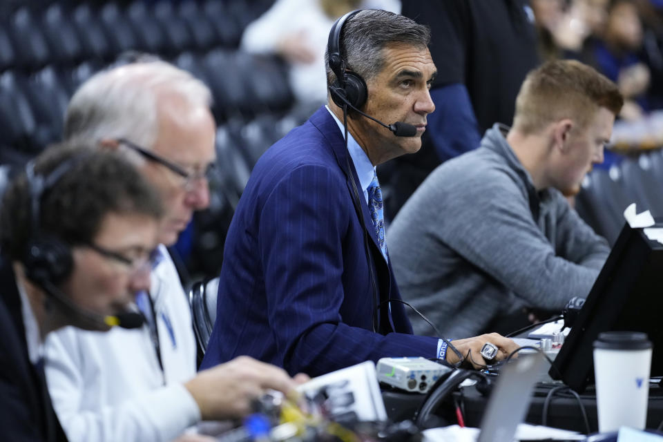 Former Villanova head coach Jay Wright watches warmups before an NCAA college basketball game between Villanova and Oklahoma, Saturday, Dec. 3, 2022, in Philadelphia. (AP Photo/Matt Slocum)