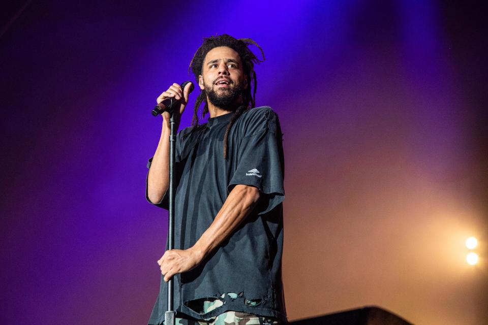 Rapper-singer J. Cole performs on Day 3 of the Lollapalooza Music Festival on July 30, 2022.