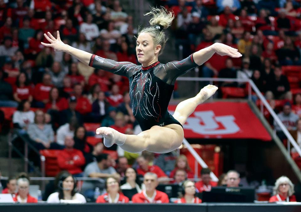 Utah’s Jaylene Gilstrap does her floor routine as the Utah Red Rocks compete against Oregon State in a gymnastics meet at the Huntsman Center in Salt Lake City on Friday, Feb. 2, 2024. Utah won. | Kristin Murphy, Deseret News