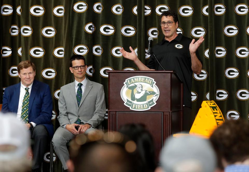 Ralph Bruno, inventor of the Cheesehead, speaks during a press conference July 24, 2023, at Lambeau Field during which the Green Bay Packers announced the acquisition of his company, Foamation.