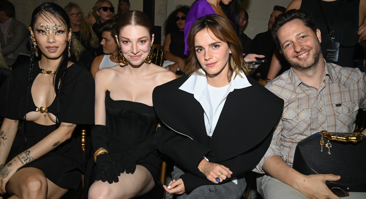 Emma Watson sat front row at the Schiaparelli Haute Couture show as part of Paris Fashion Week. (Getty Images)