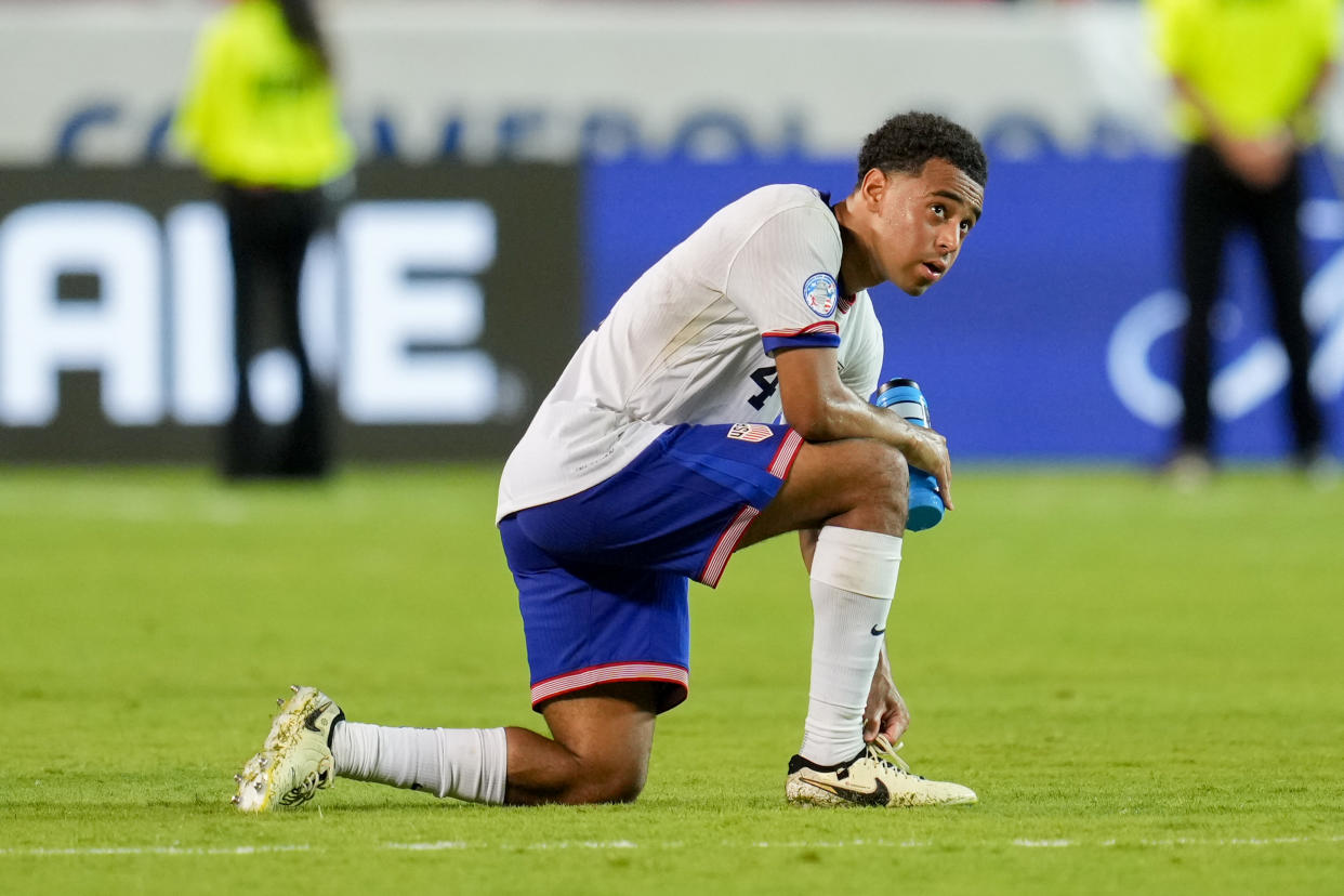 KANSAS CITY, MO - JULY 1: Tyler Adams #4 of the United States after the match during a Copa America 2024 Group C match between Uruguay and United States at Arrowhead Stadium on July 1, 2024 in Kansas City, Missouri. (Photo by Robin Alam/ISI Photos/Getty Images)