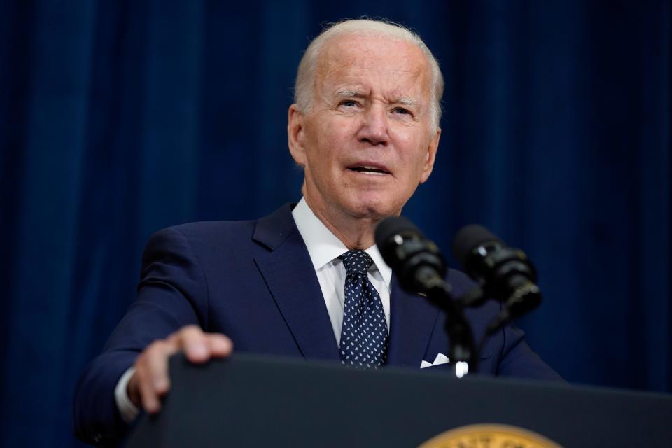 President Joe Biden delivers a statement to reporters after meetings with Saudi Crown Prince Mohammed bin Salman at the Waldorf Astoria Jeddah Qasr Al Sharq hotel on Friday in Jeddah, Saudi Arabia.