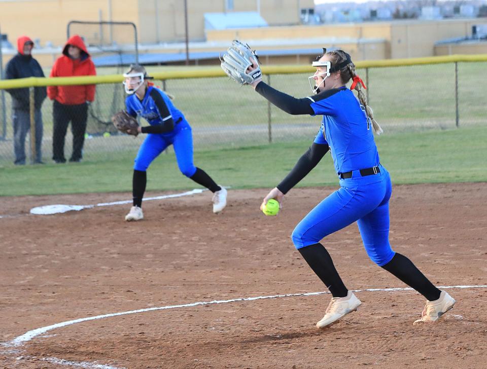 Gunter's Rhyan Pogue threw a one-hitter with 10 strikeouts and two walks as the Lady Tigers beat Pottsboro in District 11-3A action.