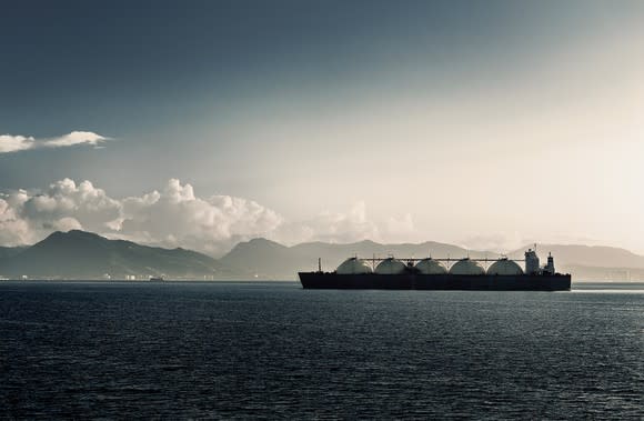 An LNG carrier arriving at a port.