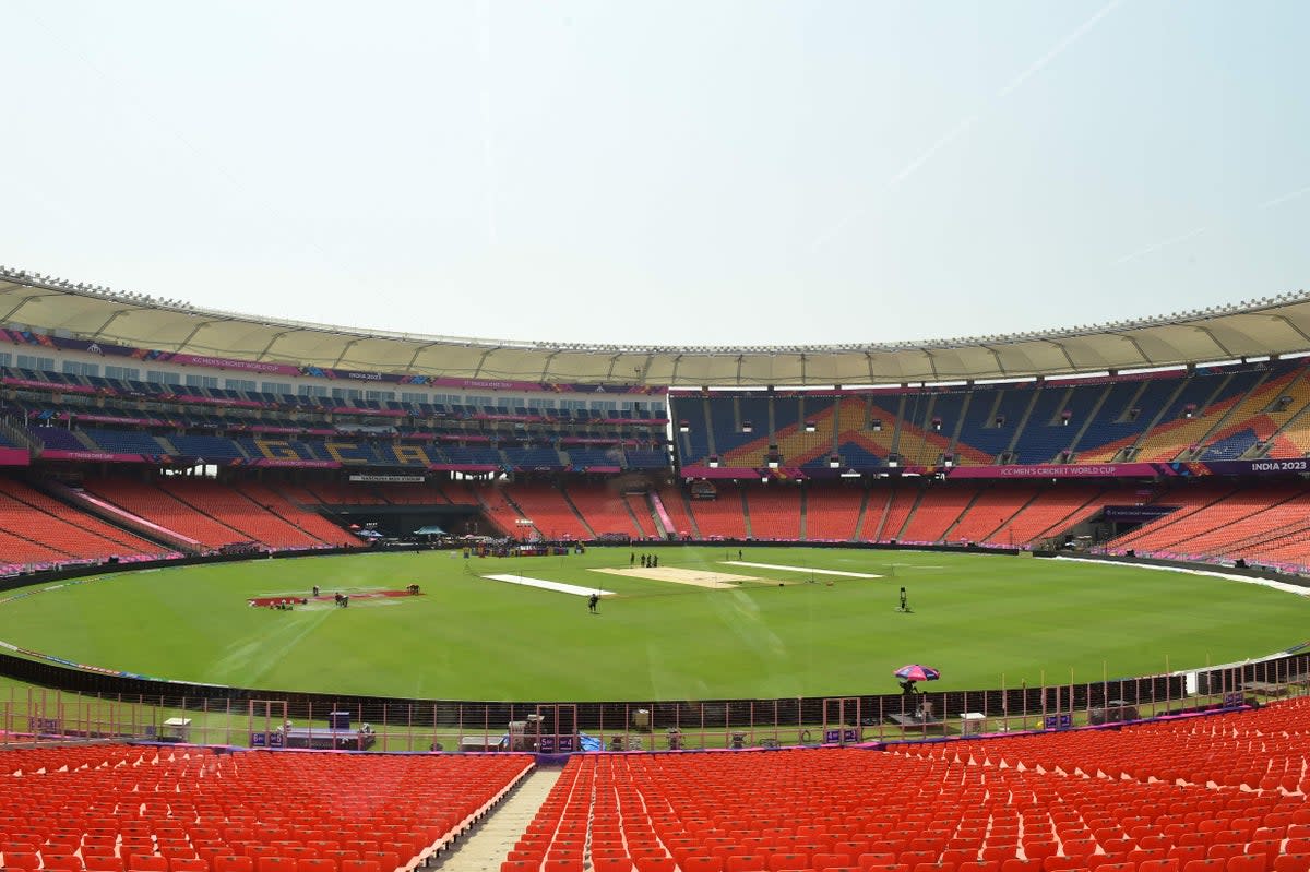 The Narendra Modi Stadium in Ahmedabad on 13 October 2023, the eve of the 2023 ICC Men's Cricket World Cup one-day international (ODI) match between India and Pakistan  (AFP via Getty Images)