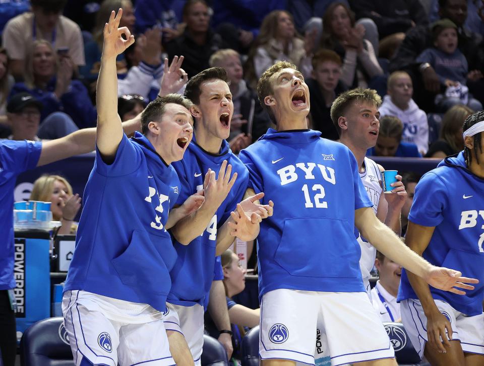 The Brigham Young Cougars bench reacts to a 3-pointer against the Cincinnati Bearcats in Provo on Saturday, Jan. 6, 2024. Cincinnati won 71-60. | Jeffrey D. Allred, Deseret News