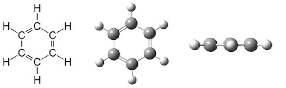 The ball-and-stick model shows nuclei represented by spheres – or balls – with shared electron bonds represented by sticks. This image shows the structure of a benzene molecule. Aaron Harrison