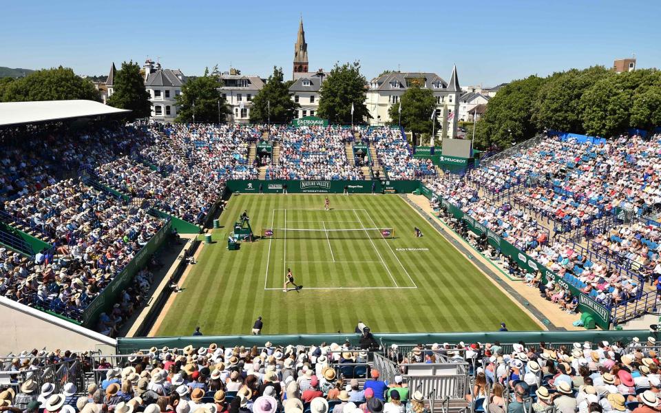 Britain's Johanna Konta returns to Serbia's Aleksandra Krunic during their Women's singles second round match at the ATP Nature Valley International tennis tournament in Eastbourne, southern England on June 26, 2018