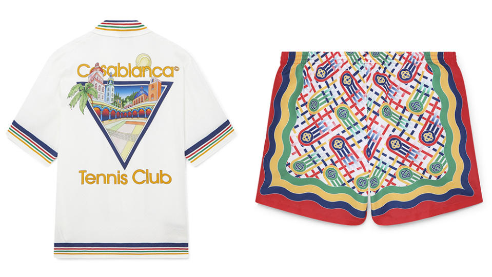 Casablanca Tennis Club Short Sleeve Silk Camp Shirt ($1,260); Print Swim Trunks ($325)