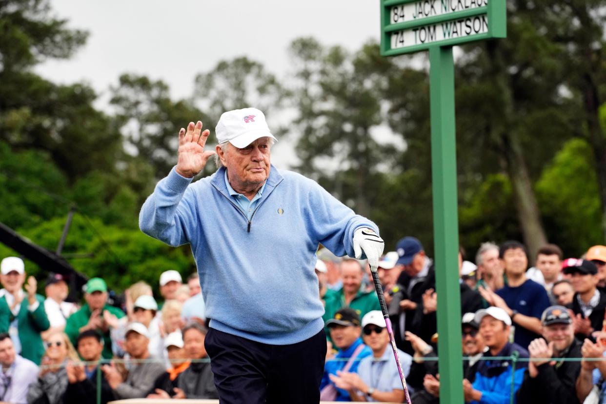 Jack Nicklaus waves to the gallery after hitting his tee shot for the honorary start for the first round of the Masters Tournament in Augusta, Georgia, on April 11, 2024.