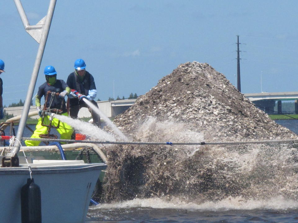 In this June 29, 2021 photo, workers aboard a barge laden with 680 bushels of clam and oyster shells use high-pressure hoses to blast them into the Mullica River in Port Republic, N.J. The shells are collected from restaurants in Atlantic City, dried, and placed into the river where they become the foundation for new oyster colonies as free-floating baby oysters attach to them and start to grow. Communities around the world are running similar shell recycling programs. (AP Photo/Wayne Parry)