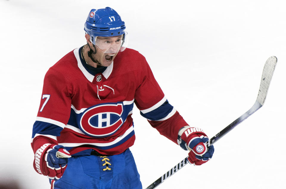 Montreal Canadiens' Ilya Kovalchuk celebrates after scoring during overtime period NHL hockey game action against the Toronto Maple Leafs in Montreal, Saturday, Feb. 8, 2020. (Graham Hughes/The Canadian Press via AP)