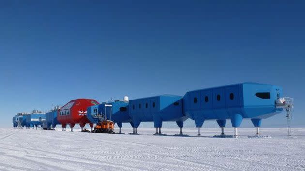 The structure is equipped with skis which will help to guide and glide across the icey continent. Credit: Hugh Broughton Architects.