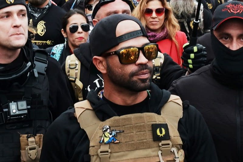 Former Proud Boys leader Enrique Tarrio (C) is scheduled to be sentenced on seditious conspiracy charges next week after his hearing on Wednesday was delayed when the judge fell ill. File Photo by Gamal Diab/EPA-EFE