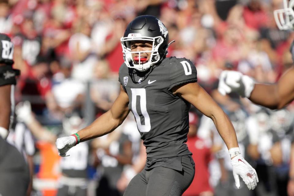 Washington State defensive back Sam Lockett III (0) lines up for a play during the second half of an NCAA college football game against Oregon, Saturday, Sept. 24, 2022, in Pullman, Wash. (AP Photo/Young Kwak)