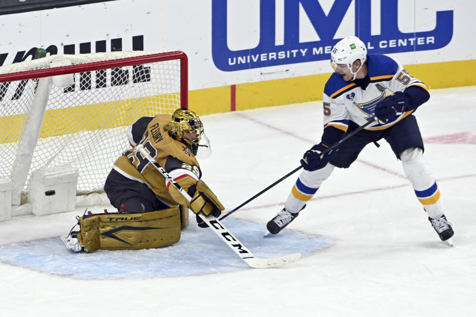 St. Louis Blues defenseman Colton Parayko (55) scores against Vegas Golden Knights goaltender Marc-Andre Fleury (29) during the second period of an NHL hockey game Saturday, May 8, 2021, in Las Vegas. (AP Photo/David Becker)
