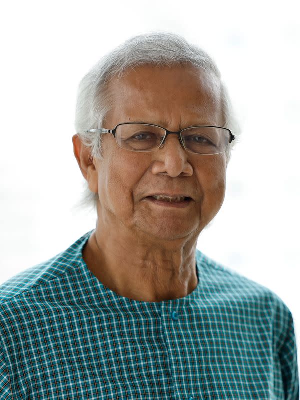 Bangladeshi Nobel Peace Prize winner Dr. Muhammad Yunus poses for photo during an interview with Reuters in his office, in Dhaka