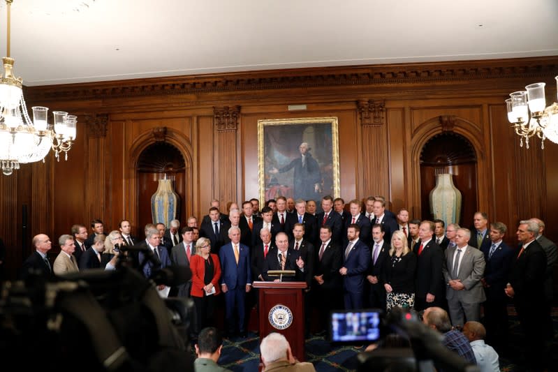 House Minority Whip Steve Scalise (R-LA), delivers remarks during a news conference with members of Congress following a vote in favor of impeachment, in Washington