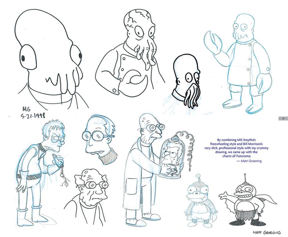 Early sketches of Dr. Zoidberg, Professor Farnsworth, and Nibbler by Matt Groening and Bill Morrison.