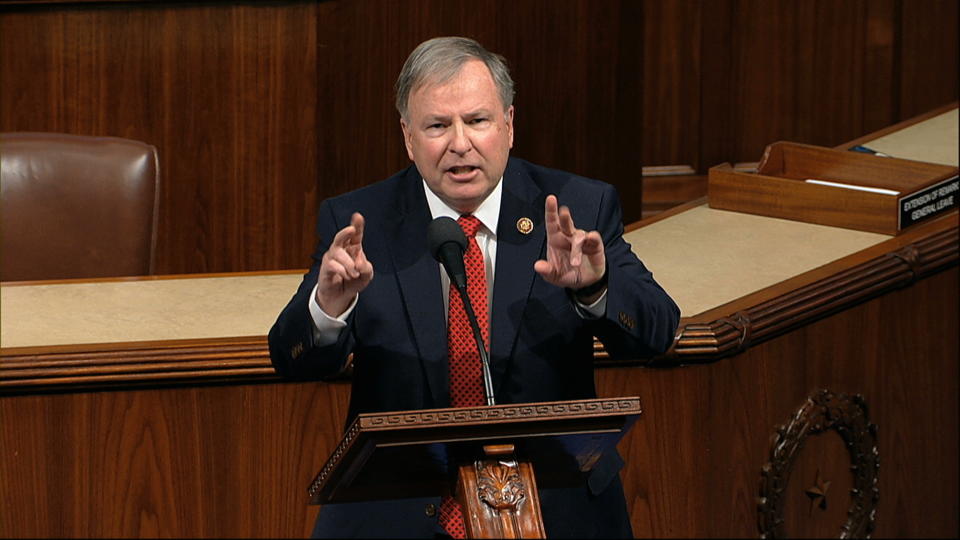 FILE - Rep. Doug Lamborn, R-Colo., speaks as the House of Representatives debates the articles of impeachment against President Donald Trump at the Capitol in Washington, Dec. 18, 2019. (House Television via AP, File