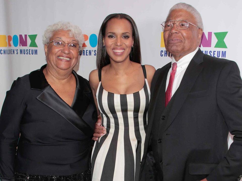 <p>Randy Brooke/WireImage</p> Kerry Washington with her parents Valerie and Earl Washington during the 2017 The Bronx Children