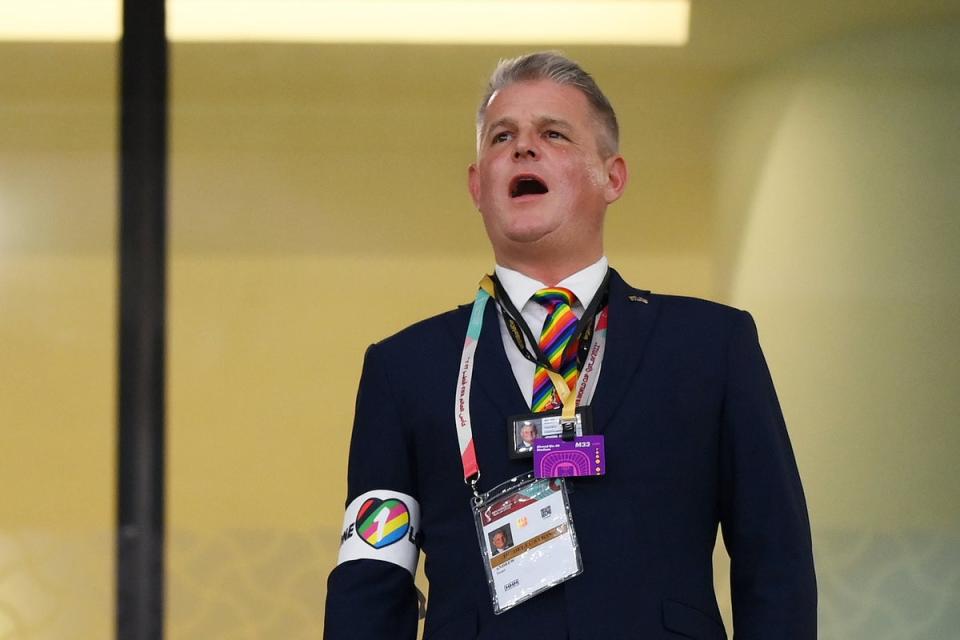 MP Stuart Andrew wears an ‘One Love’ armband and rainbow tie (Getty)