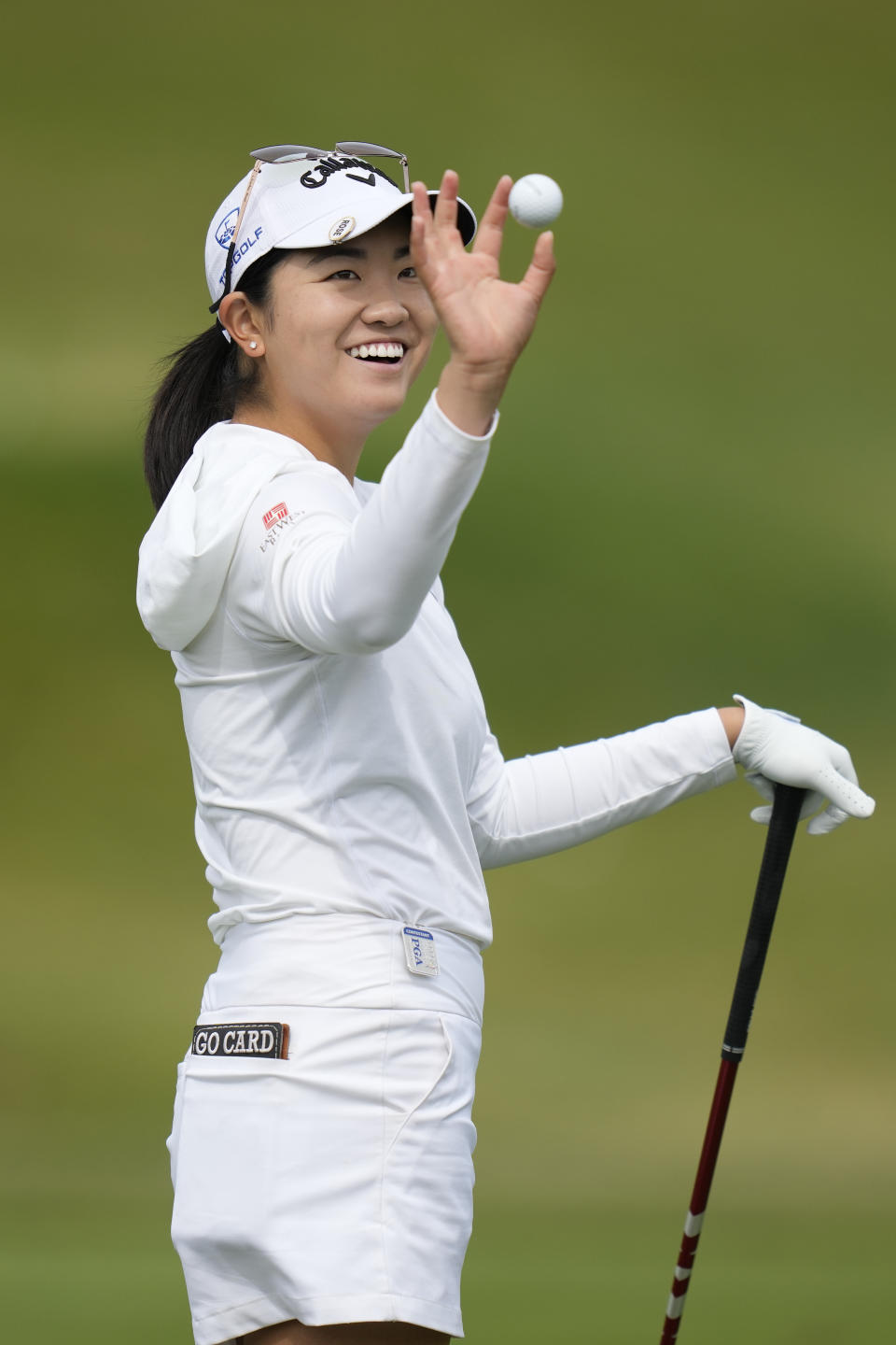 Rose Zhang smiles as she practices on the driving range ahead of the Women's PGA Championship golf tournament, Wednesday, June 21, 2023, in Springfield, N.J. (AP Photo/Seth Wenig)
