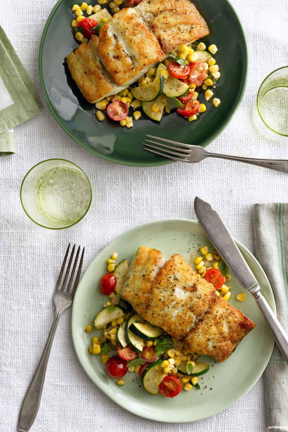 Seared Grouper with Corn, Zucchini, and Tomato Saute