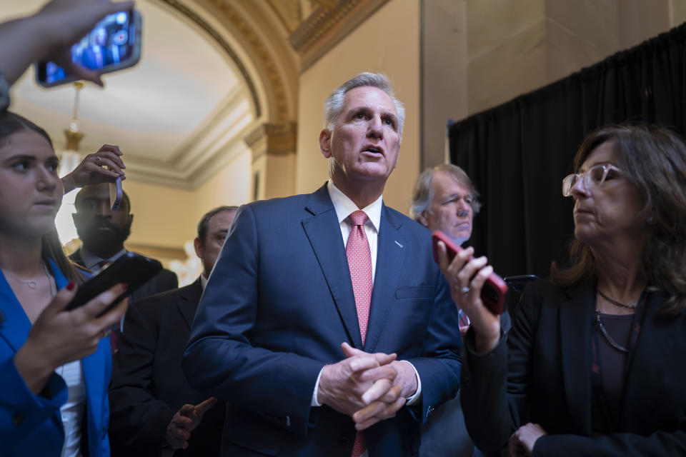 FILE - Speaker of the House Kevin McCarthy, R-Calif., walks with reporters after votes in the House, at the Capitol in Washington, Thursday, June 22, 2023. House Republicans this month have begun to push a series of policy changes around abortion, seeking to build on the work of anti-abortion advocates who helped catapult the issue successfully to the Supreme Court last year. (AP Photo/J. Scott Applewhite, File)