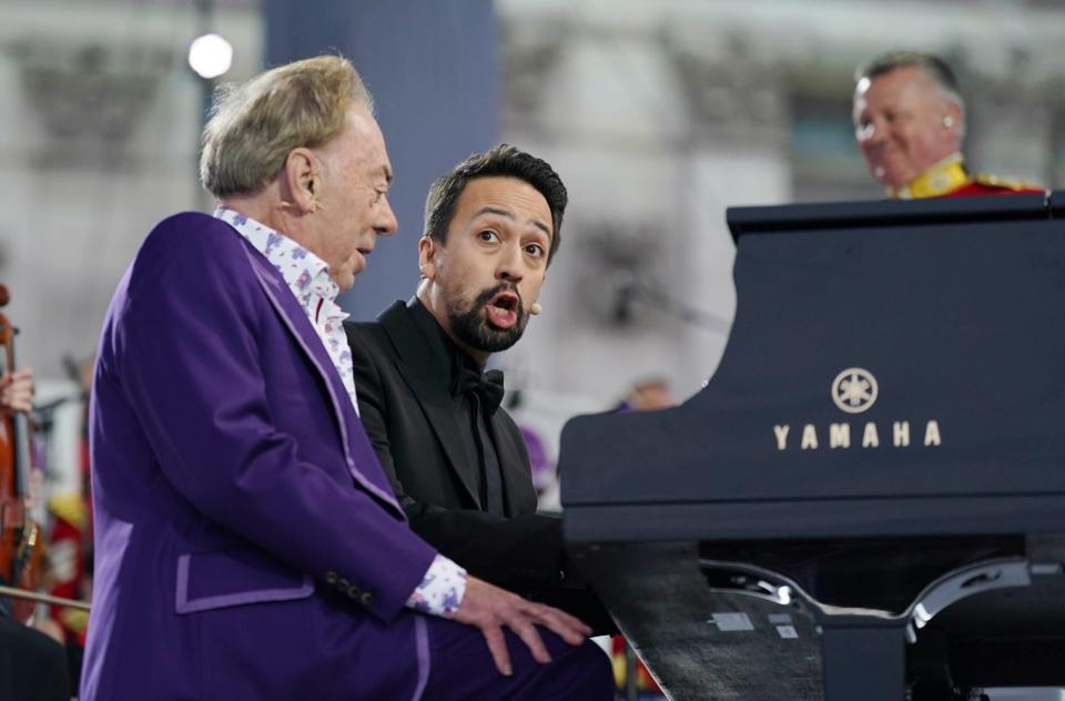 RETRANSMITTED CORRECTING BYLINE Lord Andrew Lloyd Webber and Lin-Manuel Miranda perform during the Platinum Party at the Palace staged in front of Buckingham Palace, London, on day three of the Platinum Jubilee celebrations for Queen Elizabeth II. Picture date: Saturday June 4, 2022. (Photo by Joe Giddens/PA Images via Getty Images)