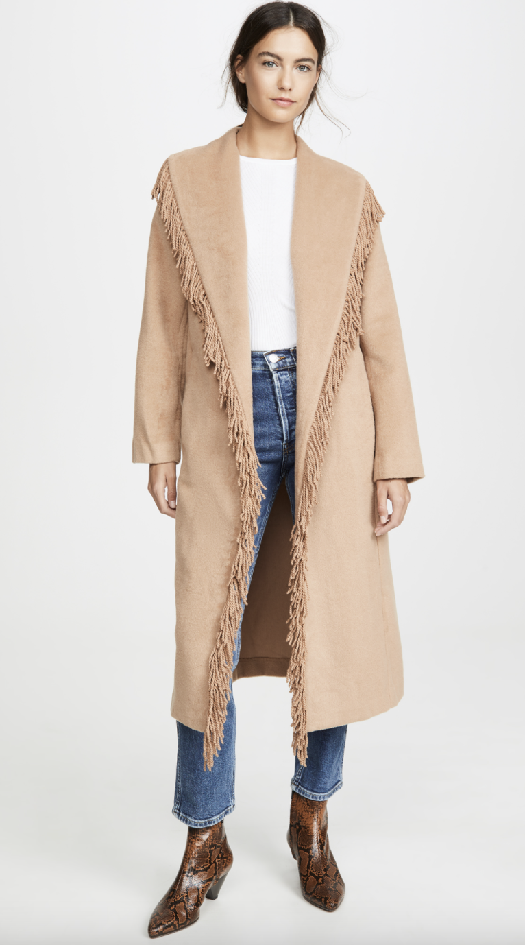 Line & Dot Linda Fringe Coat in light camel with snake print boots and jeans