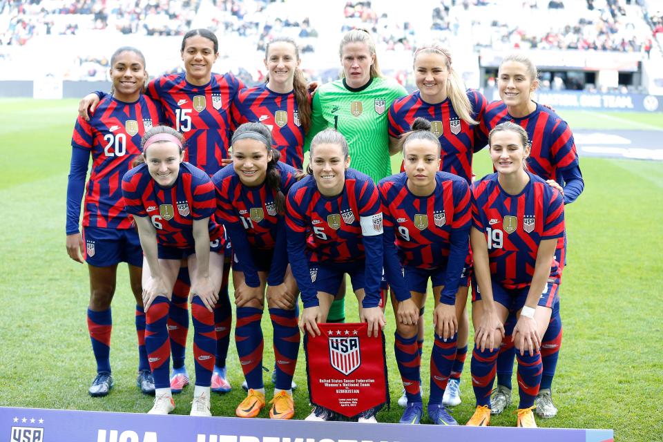 The starting eleven for the United States Women’s National Team before an international friendly women's soccer match against Uzbekistan in April 2022.