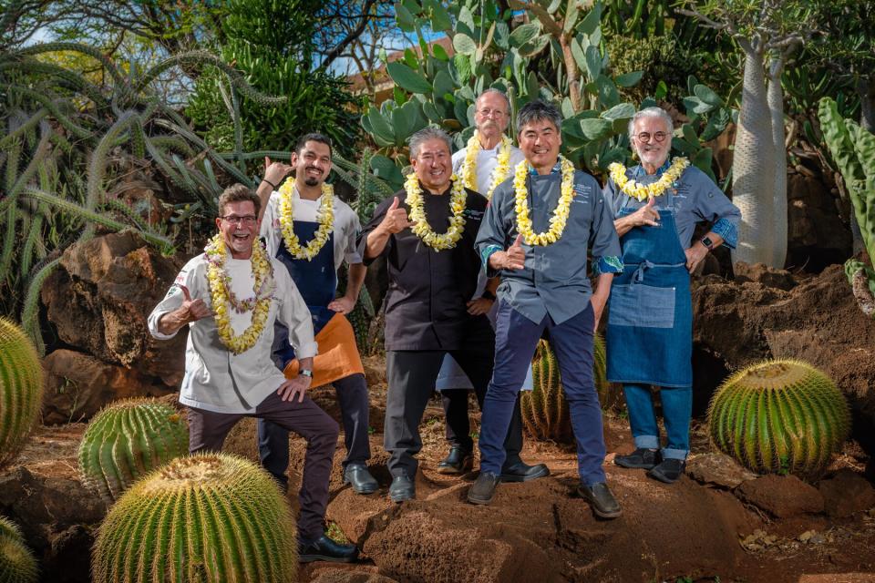 Left to Right Chefs Rick Bayless, Rishi Manoj Kumar, Alan Wong, David Brown, Roy Yamaguchi, George Mavro