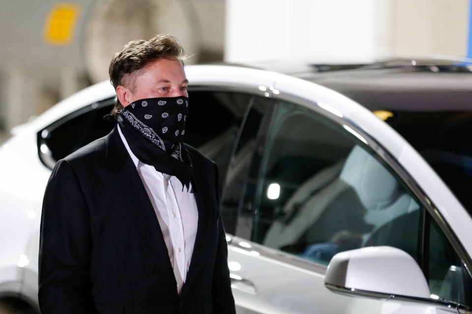 SpaceX founder Elon Musk arrives ahead of the launch of the SpaceX Falcon 9 rocket with the Crew Dragon capsule, before launch of their NASA commercial crew mission at Kennedy Space Center in Cape Canaveral, Florida, U.S., April 23, 2021. REUTERS/Joe Skipper