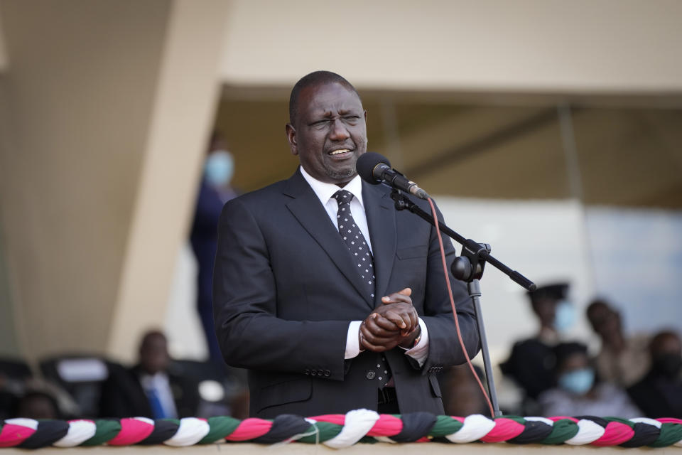 FILE - Kenyan presidential candidate William Ruto speaks during the state funeral of former President Mwai Kibaki, in the capital Nairobi, Kenya on April 29, 2022. Kenya's Aug. 9 election is ripping open the scars of inequality and corruption as East Africa's economic hub chooses a successor to President Uhuru Kenyatta. (AP Photo/Khalil Senosi, File)