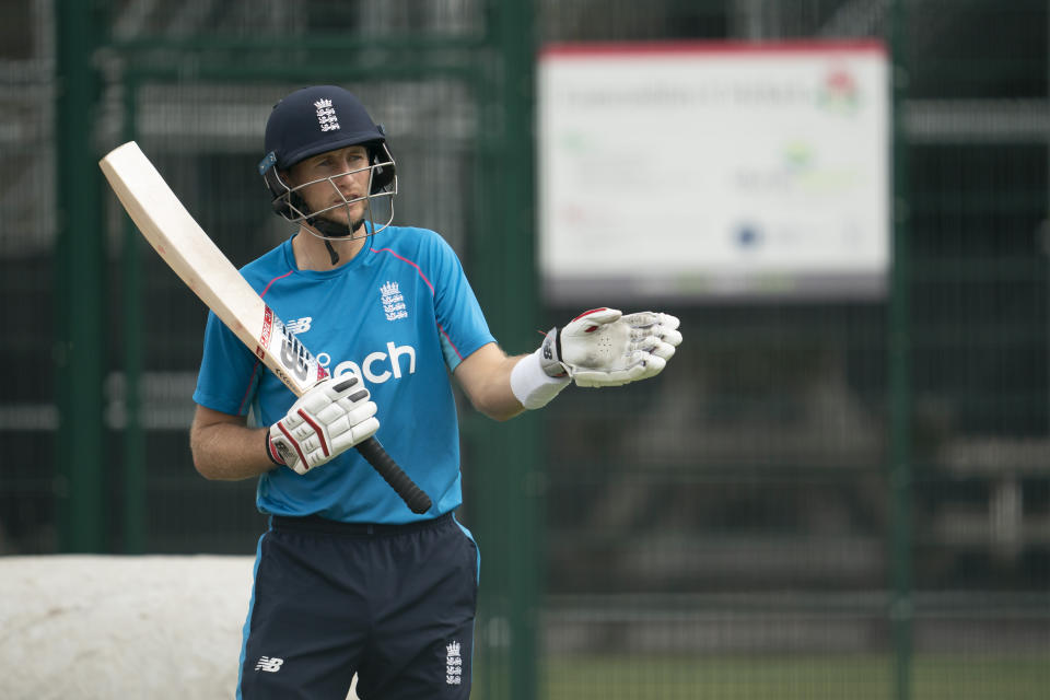 England's Joe Root prepares to bat during a nets session before the 5th Test cricket match between England and India at Old Trafford cricket ground in Manchester, England, Thursday, Sept. 9, 2021. (AP Photo/Jon Super)