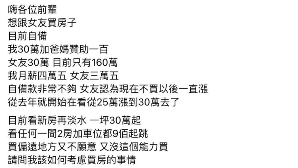 原PO發文詢問網友，該如何考慮買房事宜。（圖／翻攝自買房知識家 買房賣房攏滴+臉書）