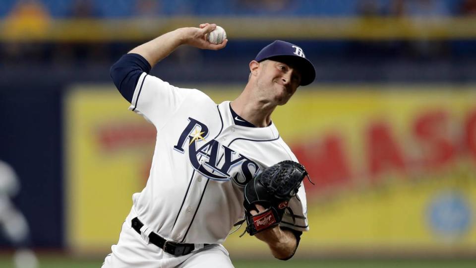 Tampa Bay Rays starting pitcher Trevor Richards delivers a pitch against the Baltimore Orioles during a game in 2021. A former Mater Dei standout and current Toronto Blue Jay, Richards one of several metro-east baseball players playing professionally. Chris O'Meara/AP