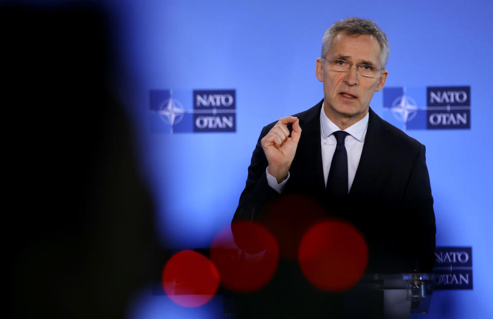 NATO Secretary-General Jens Stoltenberg speaks during a media conference at NATO headquarters in Brussels, Friday, Feb. 28, 2020. Ambassadors from the NATO military alliance are holding emergency talks Friday after Turkey requested a meeting with its partners following the killing of 29 Turkish soldiers in northeast Syria. (AP Photo/Olivier Matthys)