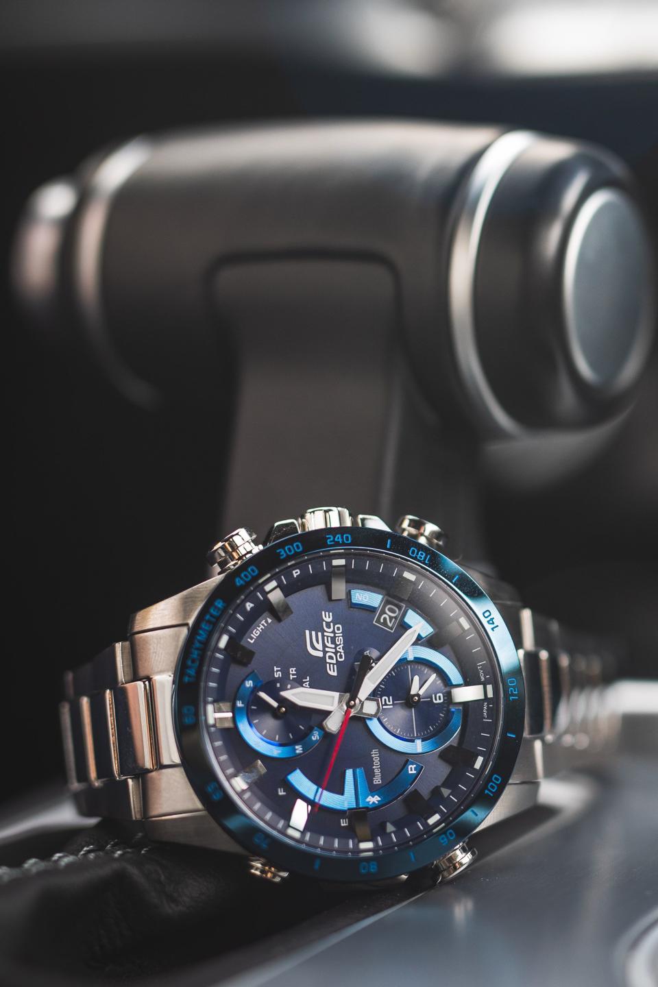 <p><strong>Casio</strong></p><p>amazon.com</p><p><strong>$319.99</strong></p><p><a rel="nofollow noopener" href="http://www.amazon.com/dp/B07BXYR1VH/" target="_blank" data-ylk="slk:Shop Now;elm:context_link;itc:0;sec:content-canvas" class="link ">Shop Now</a></p><p>Casio's latest Edifice watch bundles Bluetooth connectivity and a race-friendly lap timer at an affordable price. The dark-blue face is accented by bright-blue inner dials and lit by a small LED light so it's viewable at night. Linking the watch to your smartphone allows it to maintain the correct time, depending on time zone. It's solar powered, too, so you won't have to take a break from track day to recharge. Its upscale appearance and metal bracelet belie its reasonable price.</p>