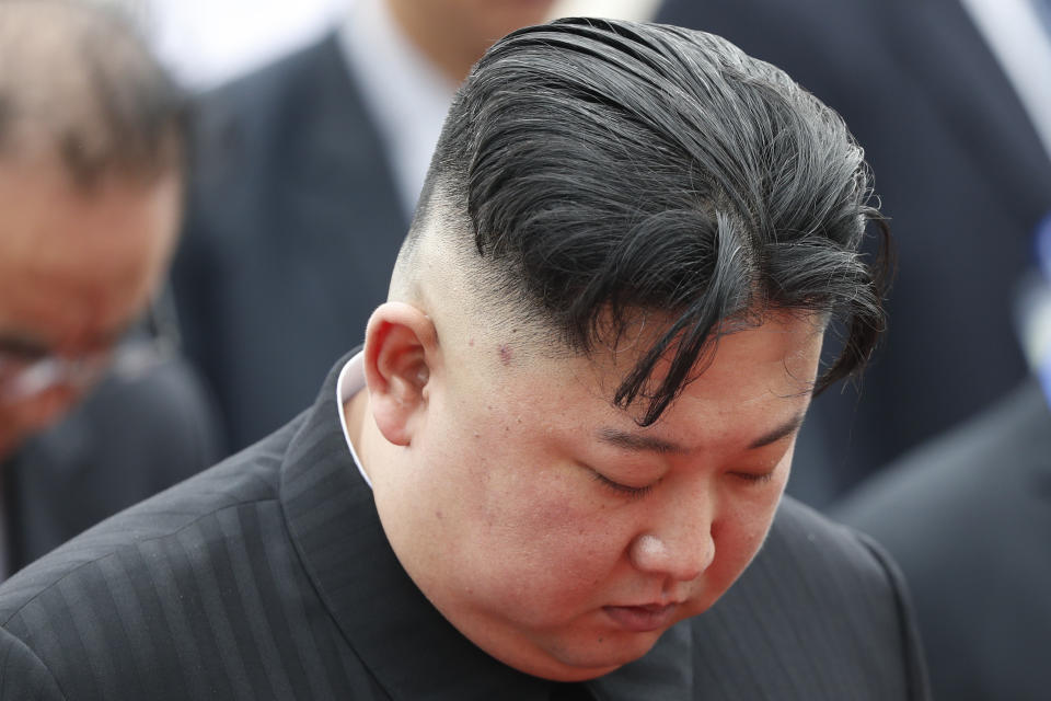 North Korean leader Kim Jong Un attends a wreath laying ceremony at Ho Chi Minh Mausoleum in Hanoi, Vietnam Saturday, March 2, 2019. (Jorge Silva/Pool Photo via AP)