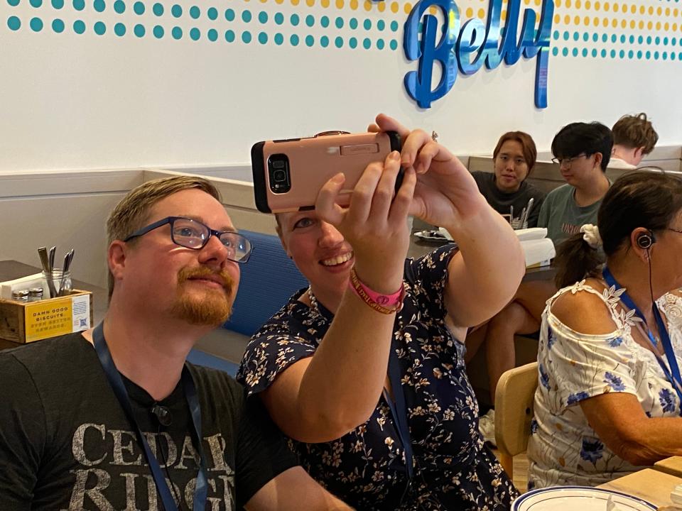 Mark and Krystle Buhler of Wisconsin take a selfie at Biscuit Belly resturant during a Louisville Food Tour.