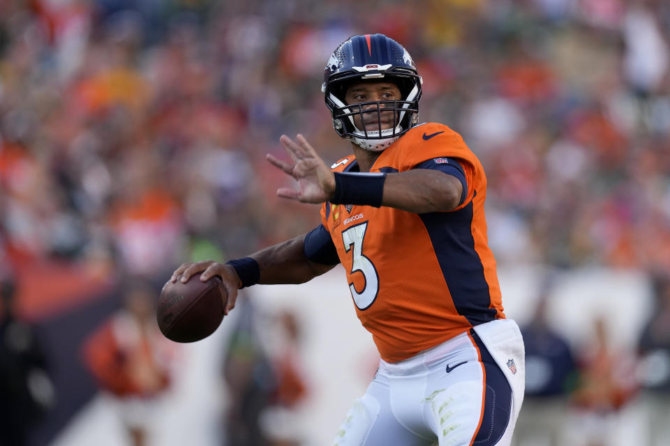 Denver Broncos quarterback Russell Wilson (3) passes during the second half of an NFL football game against the Green Bay Packers in Denver, Sunday, Oct. 22, 2023. (AP Photo/David Zalubowski)